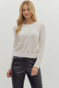 Entro Solid Round Neck Long Sleeve Top With Button Sleeve In Cream *COMING SOON*