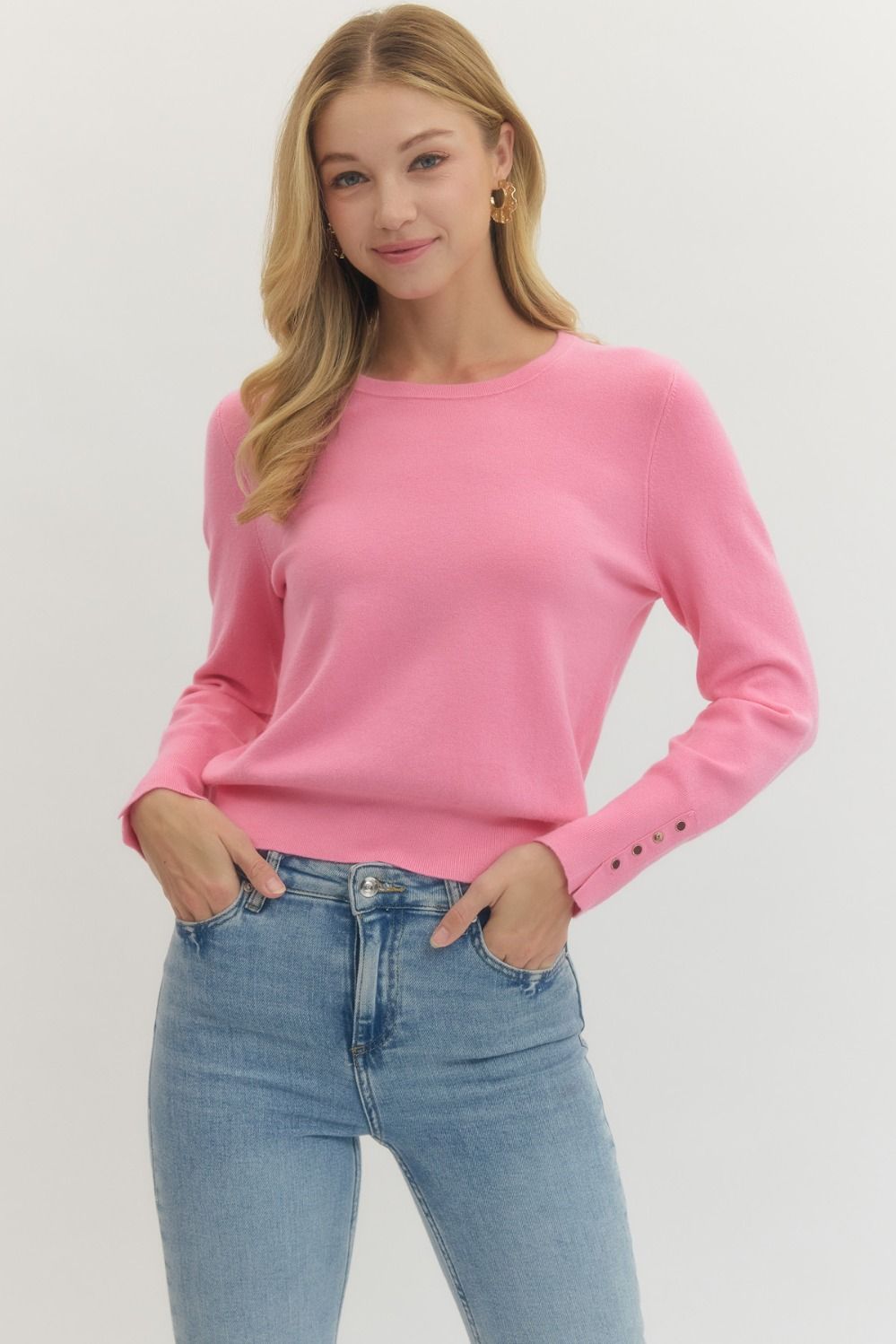 Entro Long Sleeve Button Detail Top In Pink