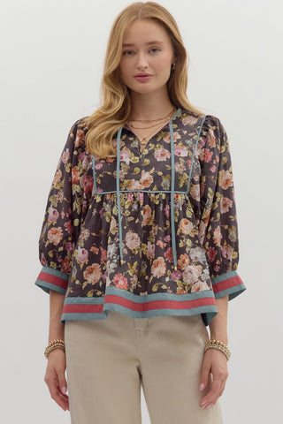 ENTRO Vintage Floral 3/4 Sleeve Top In Chocolate