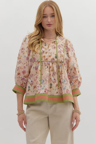 ENTRO Vintage Floral 3/4 Sleeve Top In Ecru