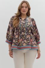 Entro Vintage Floral 3/4 Sleeve Top PLUS Sizes In Chocolate