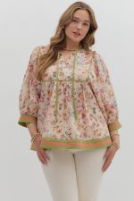Entro Vintage Floral 3/4 Sleeve Top PLUS Sizes In Ecru
