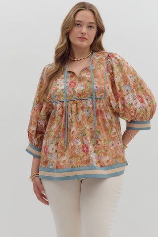 Entro Vintage Floral 3/4 Sleeve Top In Terra Cotta PLUS Sizes
