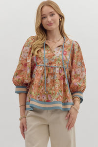 ENTRO Vintage Floral 3/4 Sleeve Top In Terra Cotta