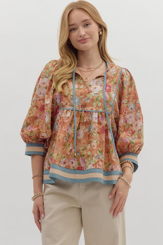 ENTRO Vintage Floral 3/4 Sleeve Top In Terra Cotta