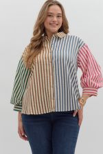 Entro Colorblock Stripe 3/4 Sleeve Top PLUS Sizes In Brown Combo