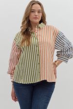 Entro Colorblock Stripe 3/4 Sleeve Top PLUS Sizes In Olive Combo