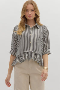 ENTRO Striped Ruffle Hem Top In Black