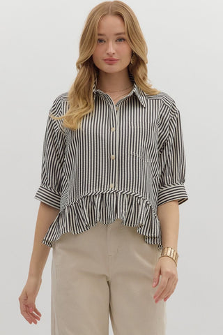 ENTRO Striped Ruffle Hem Top In Black