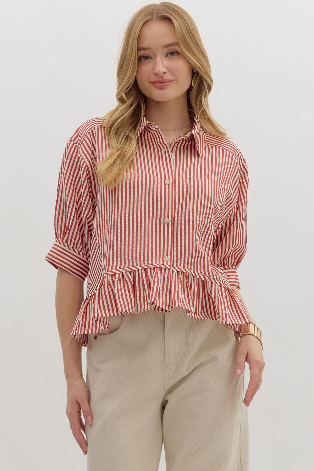 ENTRO Stripe Ruffle Hem Top In Brick