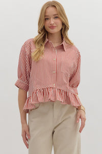 ENTRO Stripe Ruffle Hem Top In Brick