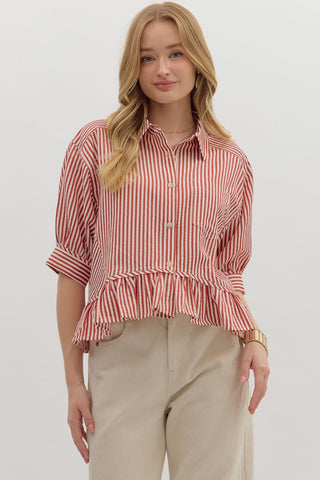 ENTRO Stripe Ruffle Hem Top In Brick