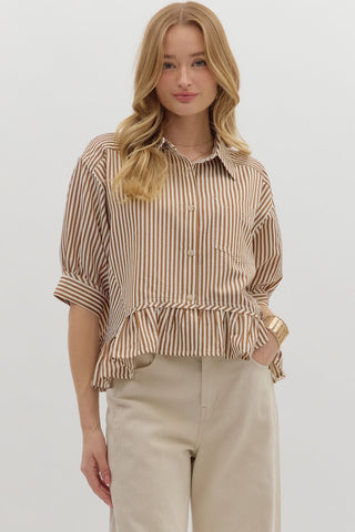 ENTRO Striped Ruffle Hem Top In Brown