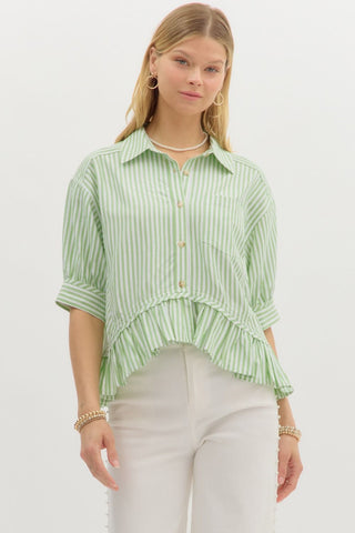 ENTRO Stripe 3/4 Sleeve Ruffle Top In Green *COMING SOON*