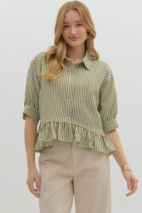ENTRO Striped Ruffle Hem Top In Olive