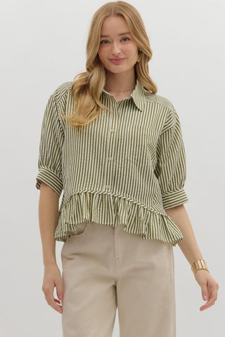 ENTRO Striped Ruffle Hem Top In Olive