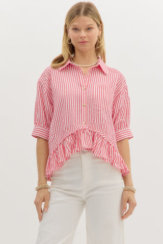 ENTRO Stripe 3/4 Sleeve Ruffle Top In Pink *COMING SOON*