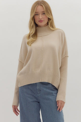 ENTRO Solid High Neck Long Sleeve Sweater In Oatmeal
