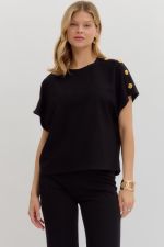 ENTRO Solid Crew Neck With Button Trim Top In Black