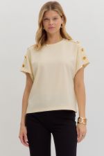 ENTRO Solid Crew Neck With Button Trim Top In Ecru