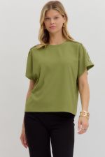 ENTRO Solid Crew Neck With Button Trim Top In Olive