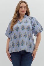 Entro V Neck Embroidered Puff Sleeve Top PLUS Sizes