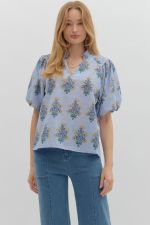 Entro Bubble Sleeve Floral Pullover Top In Blue