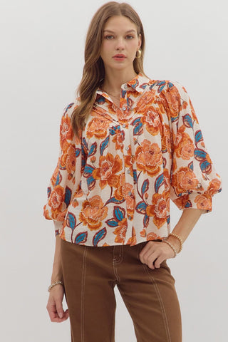 Entro Floral Button Front Collar Top In Amber *COMING SOON*