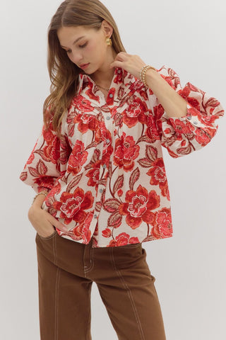 ENTRO Floral Button Front Collar Top In Brick