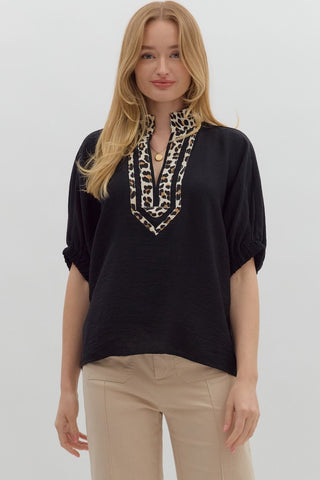 ENTRO Leopard Trim Dolman Top In Black