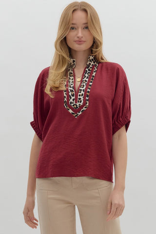 ENTRO Leopard Trim Dolman Top In Garnet *COMING SOON*