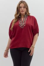 ENTRO Caftan Inspired Top with Leopard Trim In Garnet PLUS