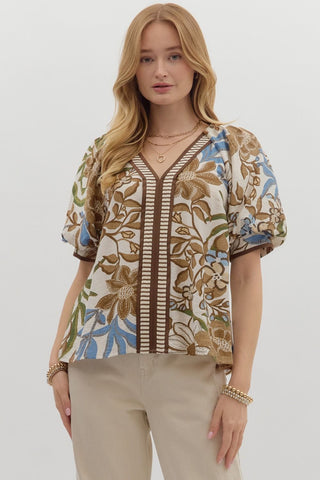 ENTRO Botanical Print Top In Brown *COMING SOON*