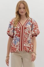 Entro Botanical Print Top In Red Bean