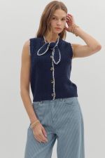 ENTRO Solid Tie Neck Sweater Top In Navy