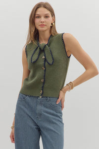 ENTRO Solid Tie Neck Sweater Top In Olive