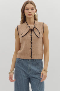 ENTRO Solid Tie Neck Sweater Top In Taupe