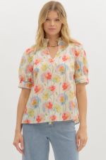 ENTRO Floral Print Cuff Band Top in Cream