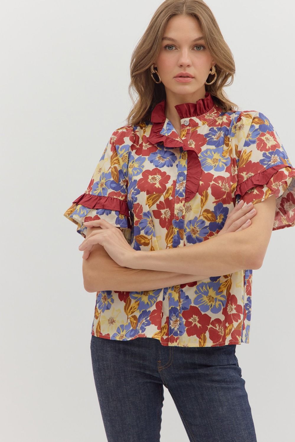 ENTRO Floral Ruffle Finish Top In Burgundy