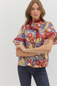 ENTRO Floral Ruffle Finish Top In Burgundy