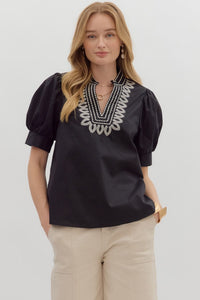 ENTRO Embroidered V Neck Cuff Band Top In Black