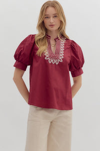 ENTRO Embroidered V Neck Cuff Band Top In Burgundy