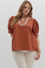 Entro V Neck Embroidered Puff Sleeve Top PLUS Sizes In Rust