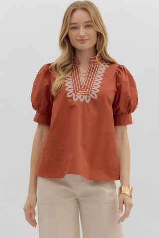 ENTRO Embroidered V Neck Cuff Band Top In Rust