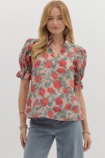 ENTRO Floral Puff Sleeve Pullover Top In Vintage Rose PLUS
