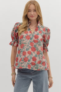 Entro Floral V Neck Top In Vintage Rose