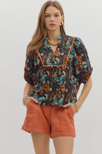 ENTRO Botanical Print V Neck Top In Black