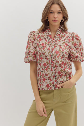 ENTRO Floral Ruffle Neck Top In Ecru