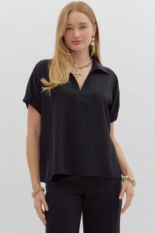 ENTRO Solid Split Collar Top In Black