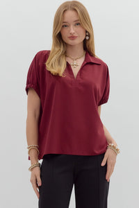 ENTRO Solid Split Collar Top In Burgundy *COMING SOON*